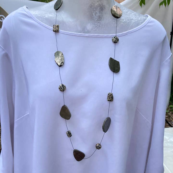 Releasing Guilt Insightfully Necklace - Dalmatian Necklace discs 12mm & pyrite 20-40mm slabs for wholesale by PEACE MAKER GEMS