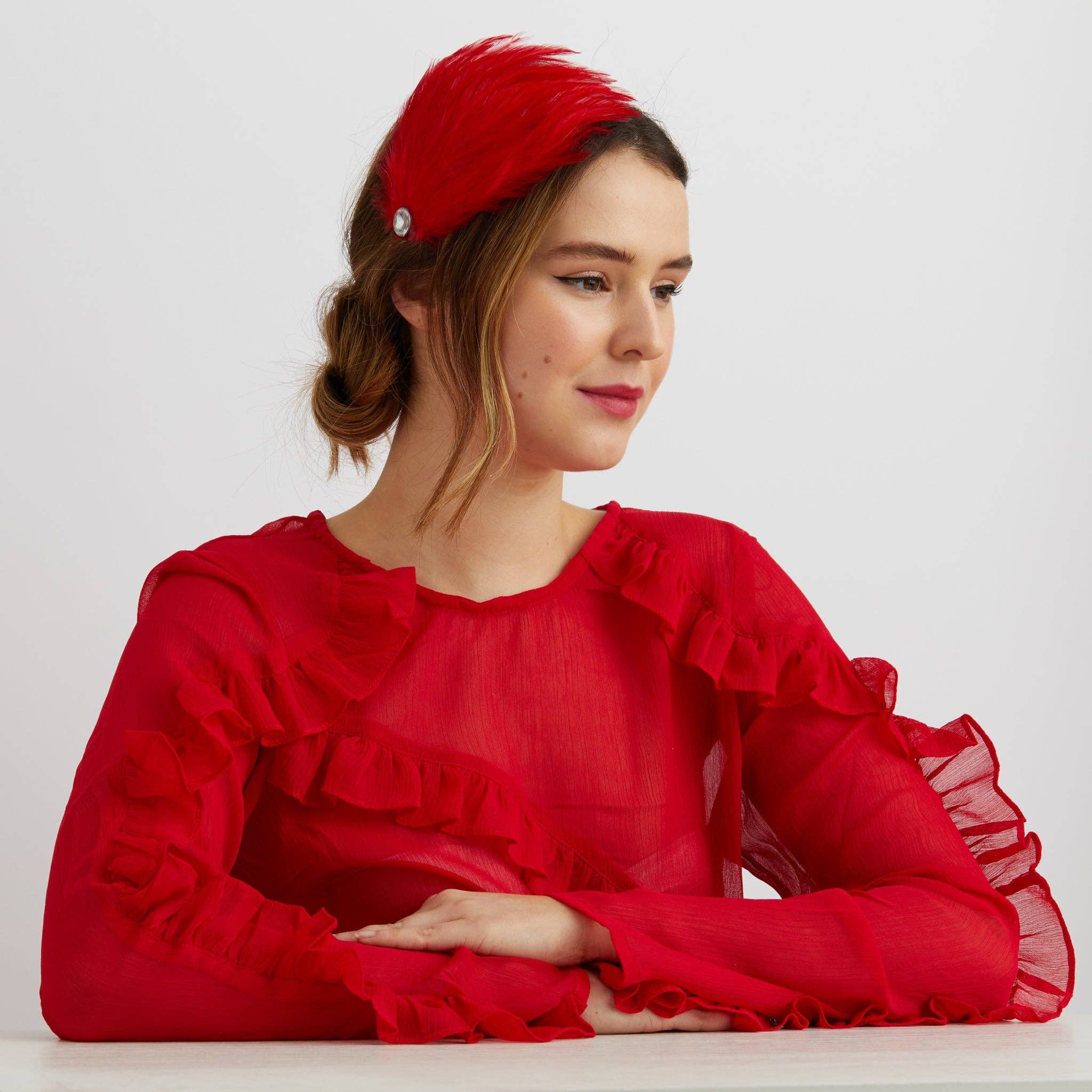 QueenMee Accessories - Wholesale Fascinator Hat - Women's - Red Fascinator Headband with Feathers3