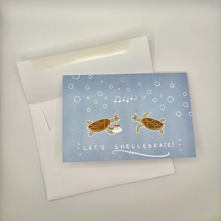 "Let's Shellebrate" - Cute Turtle Celebration Greeting Card for wholesale by Heidi Webb Design