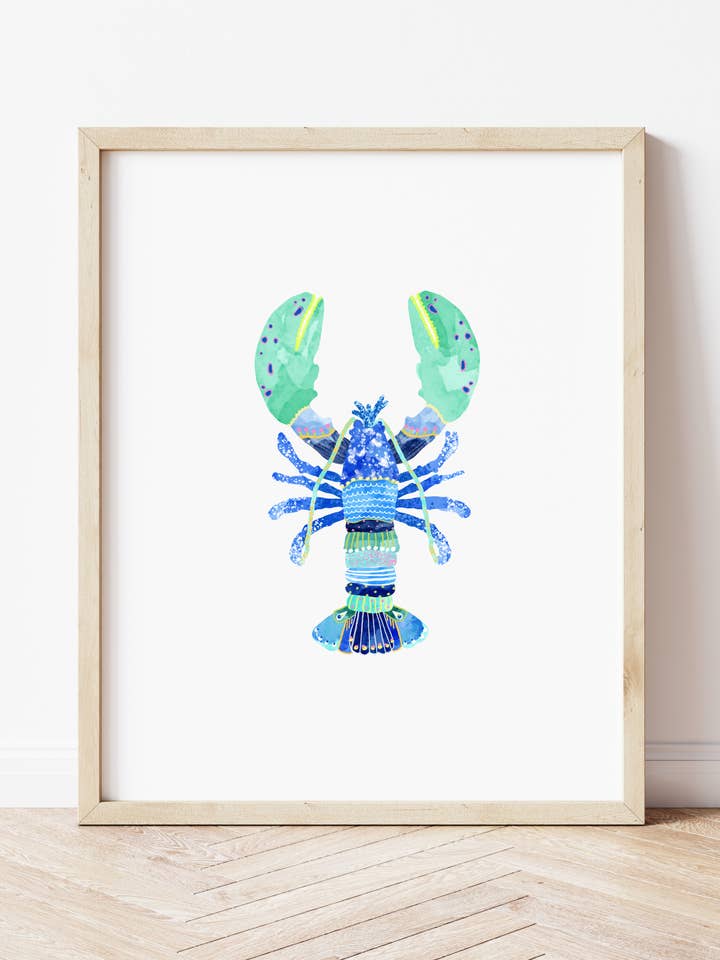 Carnival Lobster Blue Giclee Print A4 on Watercolour card for wholesale by popsandbuds