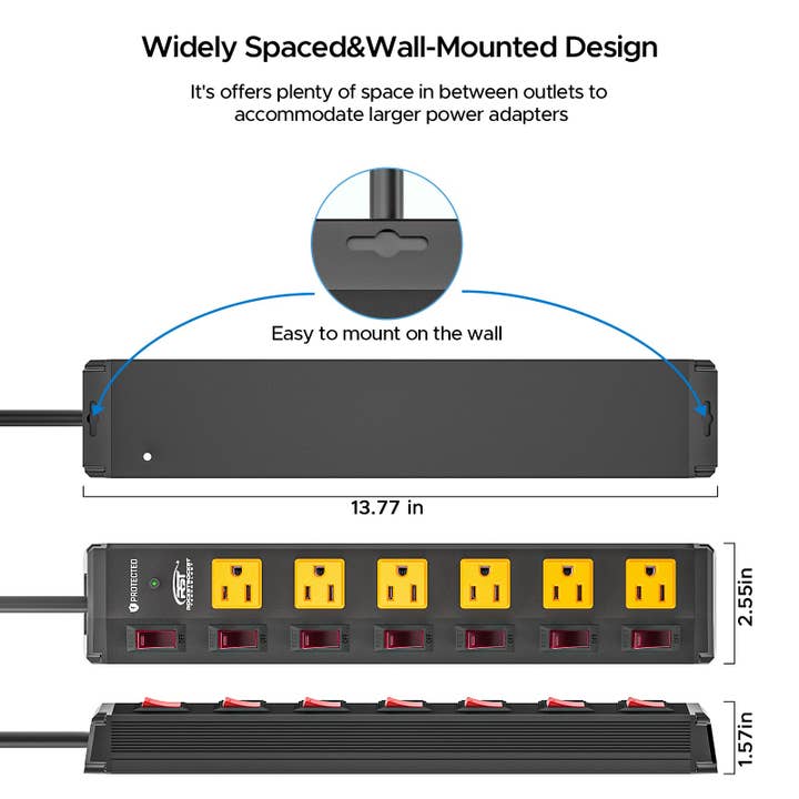 Rocket Socket Technology - Wholesale Power Adapter - CRST 6 Outlets Individual Switches Mountable Metal Power Strip Surge Protector, 6FT Flat Plug Power Cord, Optional 3 Colors