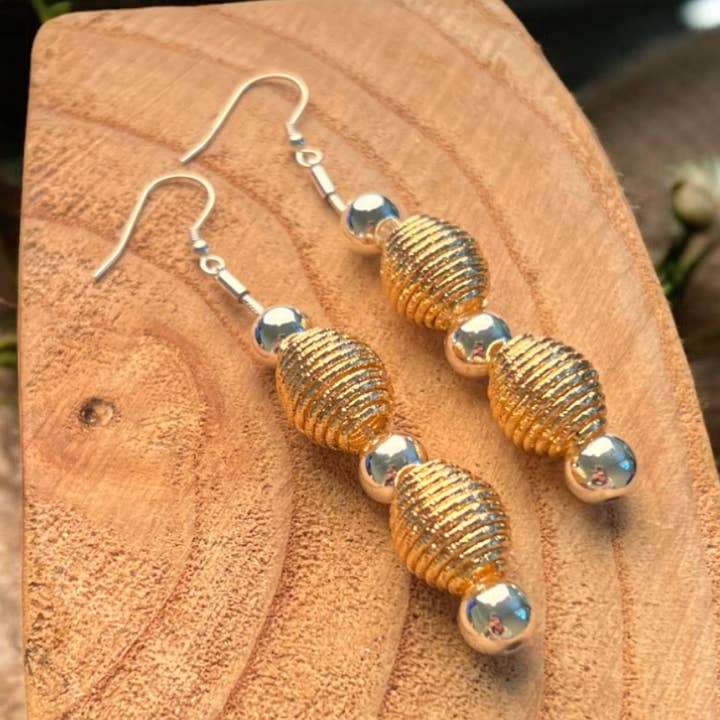 Gold & Silver Oval Ribbed Bead Earrings ER178M for wholesale by Jess & Lou