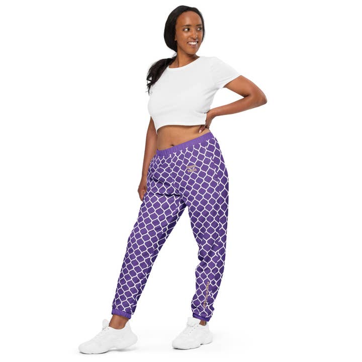 Le pantalon d'échauffement violet Net pour la vente par Women Go Swish Athletic Wear