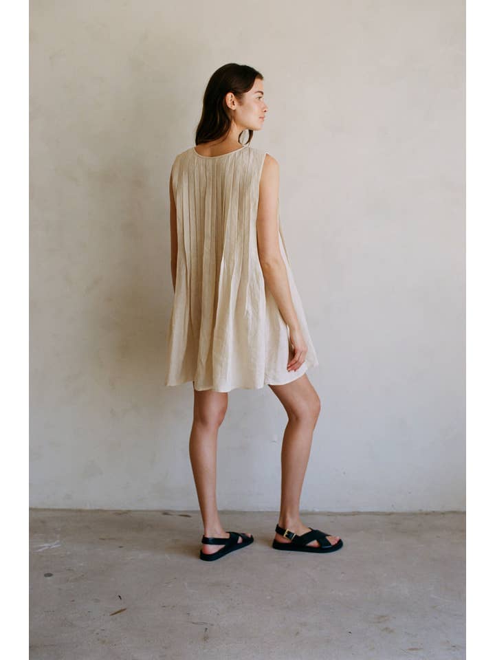 Beige AR1175 | Woven Linen Pleated Sleeveless Flare Mini Dress for wholesale on Faire
