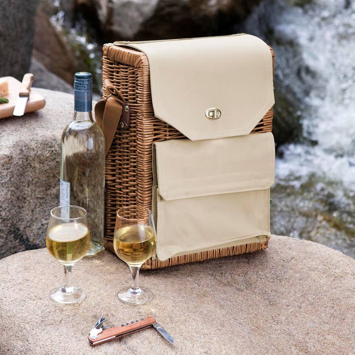 Beige Canvas Corsica Wine & Cheese Picnic Basket for wholesale on Faire35