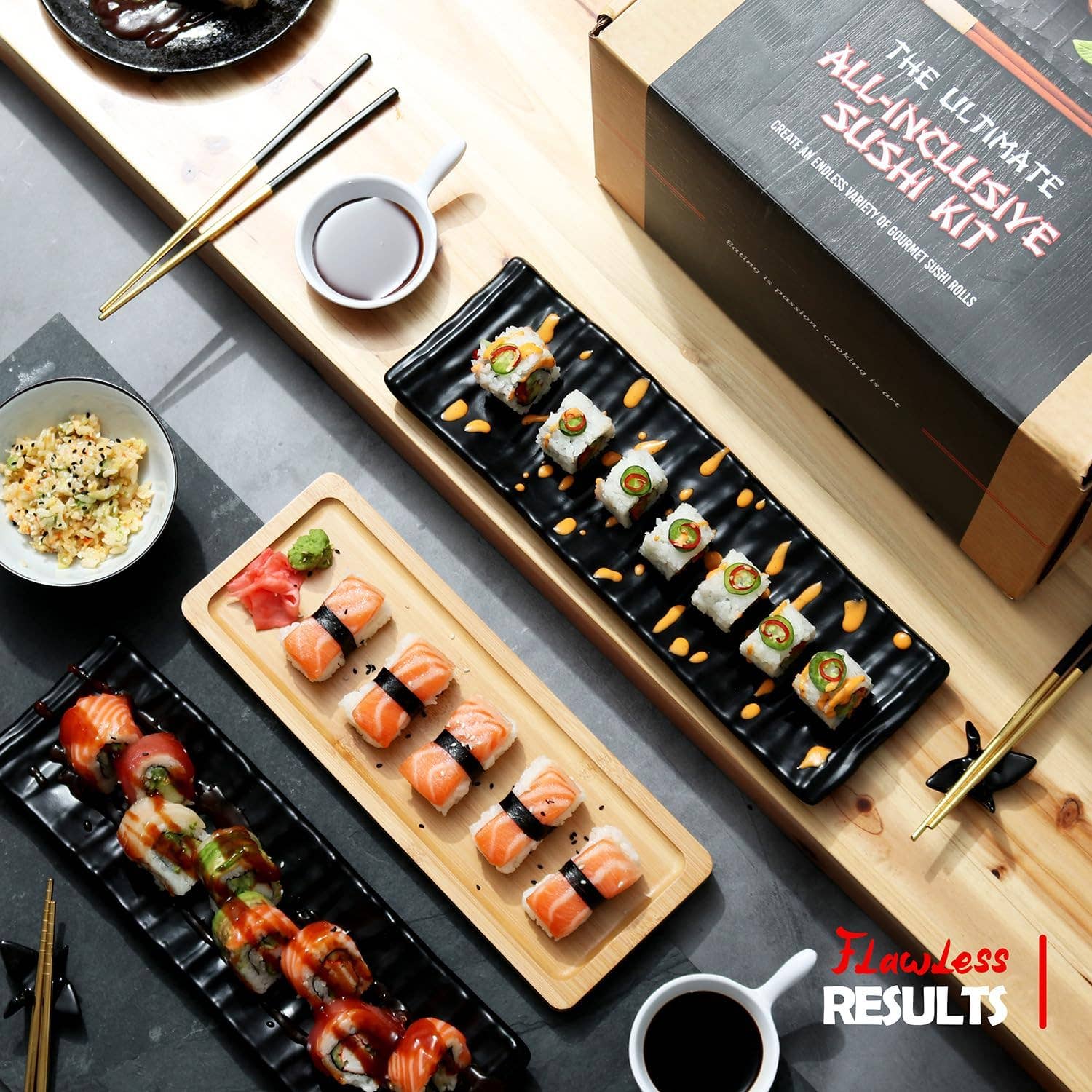 CraftZee - Vente Coffret de cuisine - Kit super deluxe de fabrication de sushi avec rouleau bazooka, cuiseur à riz, moules Onigiri, Nigiri & Musubi, tapis en bambou, couteau, guide et plus6