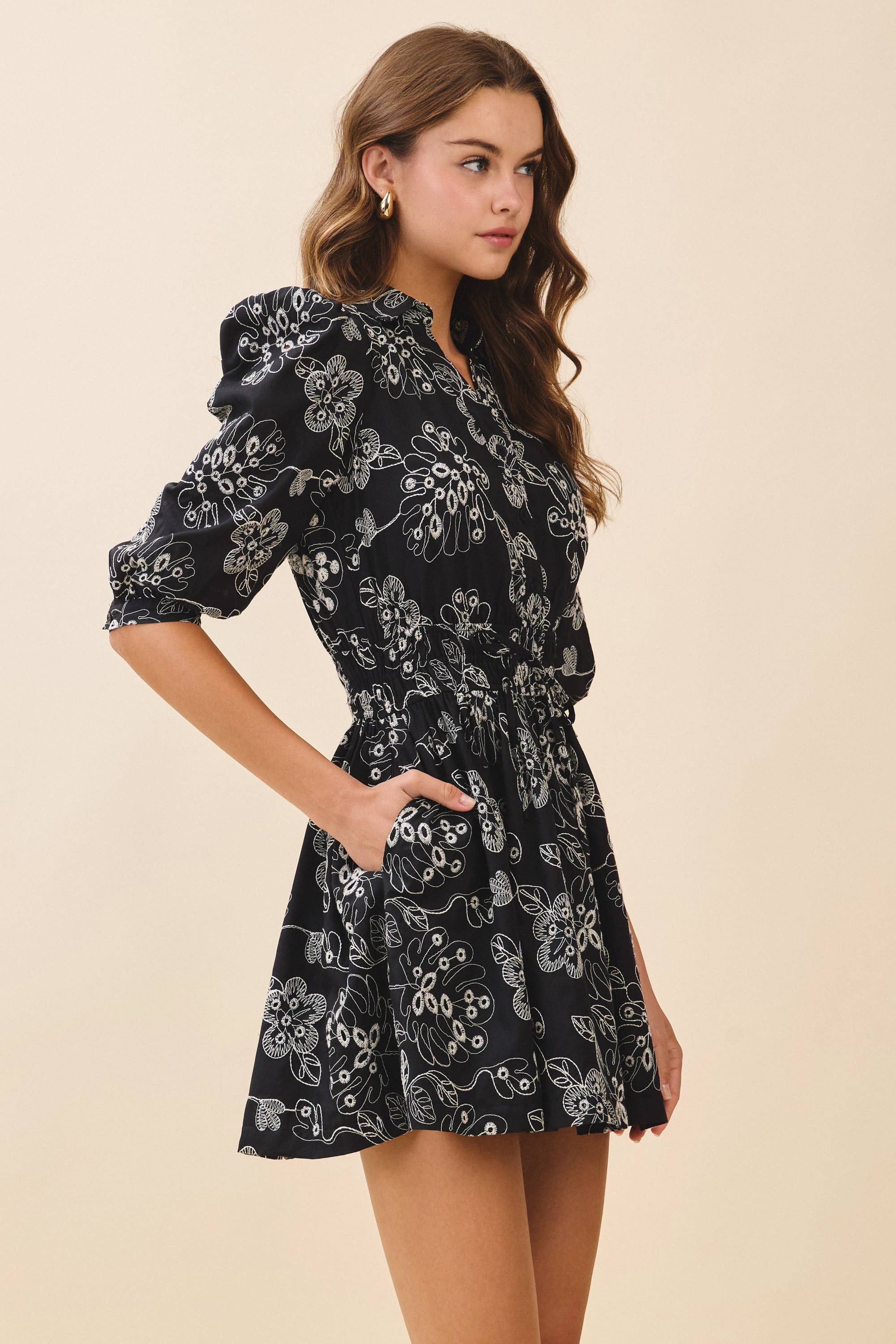 Black CD06298-Floral Print Collared Neck Elastic Waist Dress for wholesale on Faire2