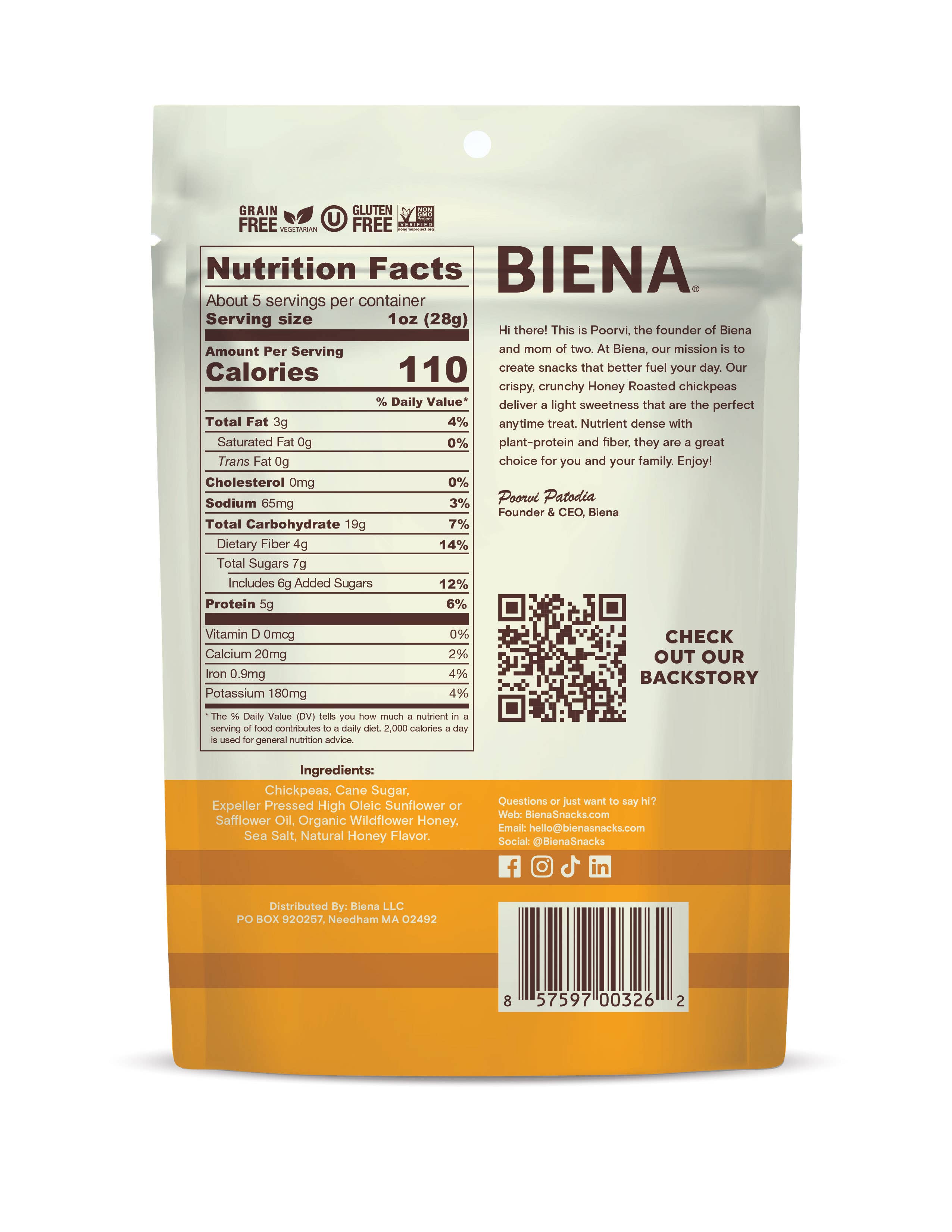 Biena Snacks - Vente Noix - Snacks de pois chiches rôtis au miel BIENA Caisse de 5 oz x 8 ct1