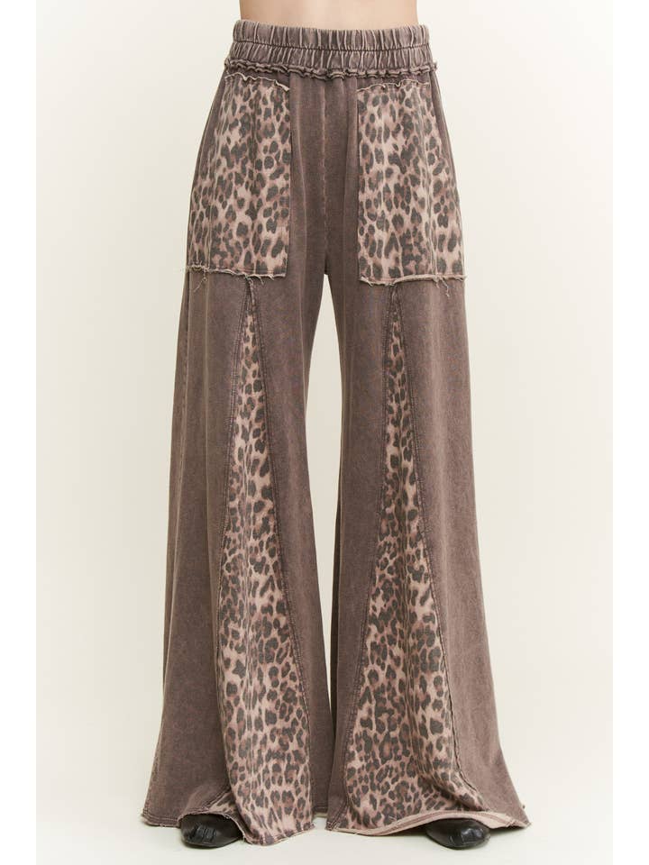 J.Her - Wholesale Pants - Women's - Mineral Washed Leopard Animal Print Flare Pants HP5783P1