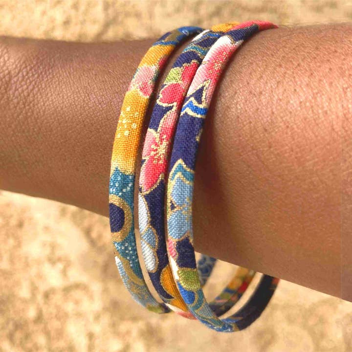 Flat Bracelet in Japanese Yukiwa Blue and Gold Fabric for wholesale by Melokane