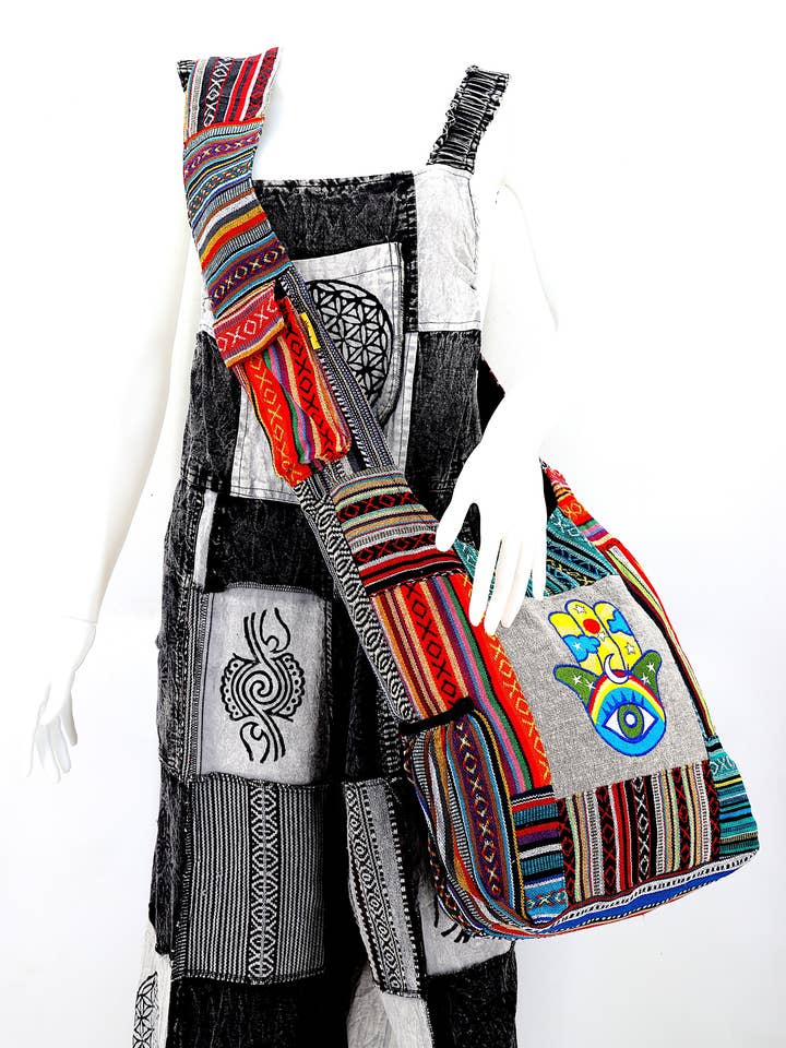 Cotton Hamsa Hand Embroidered Crossbody Bag for wholesale by Himalaya Handmade