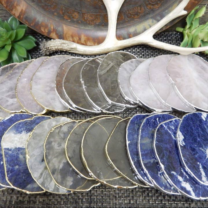 Rock Paradise – wholesale Coasters – Crystal Stone Coasters Silver/Gold Plated Set of 4
