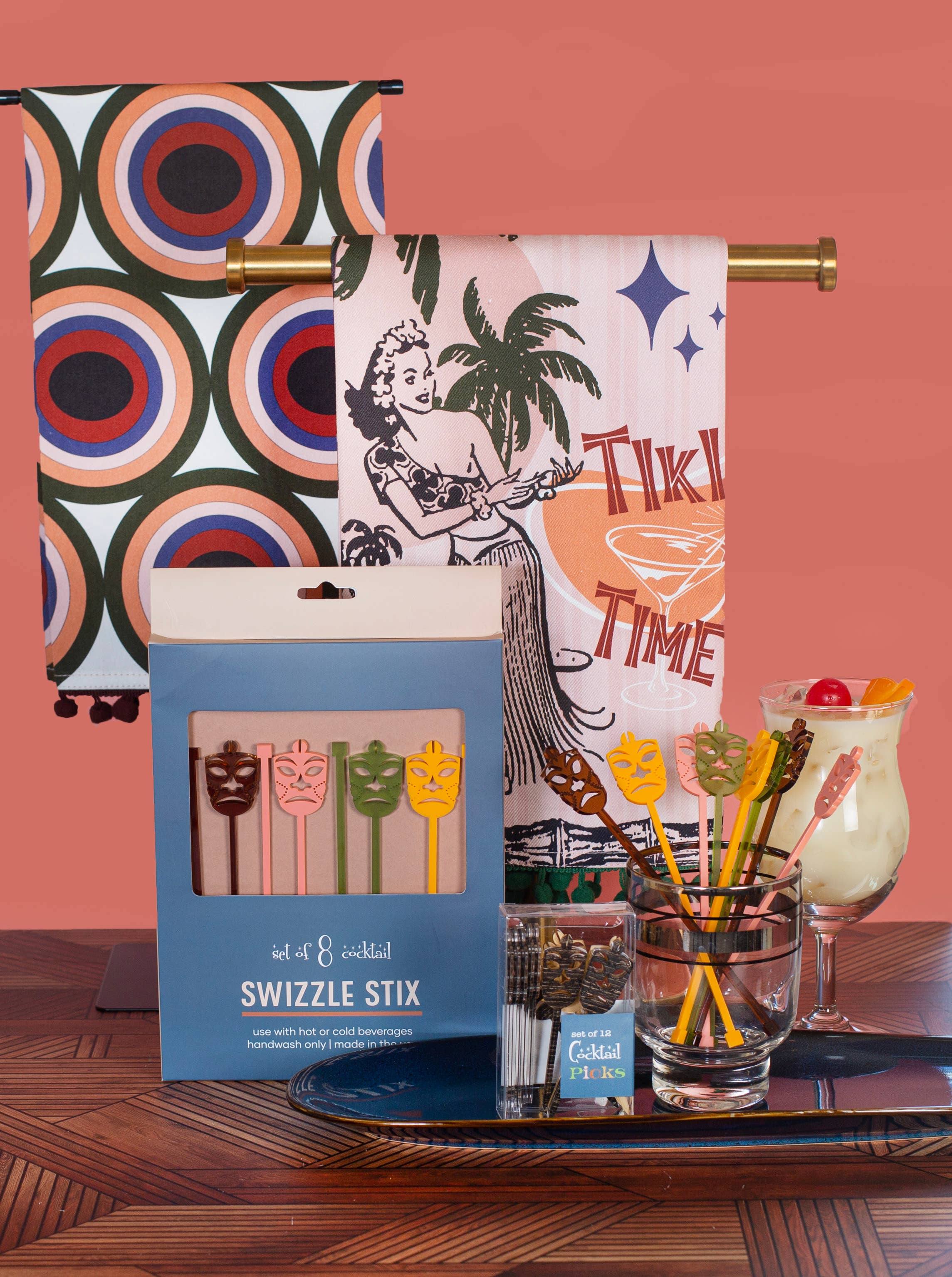 Mod Lounge Paper Company – wholesale Tea towel – Vintage Tiki Time Luau Bar Towel with Trim1