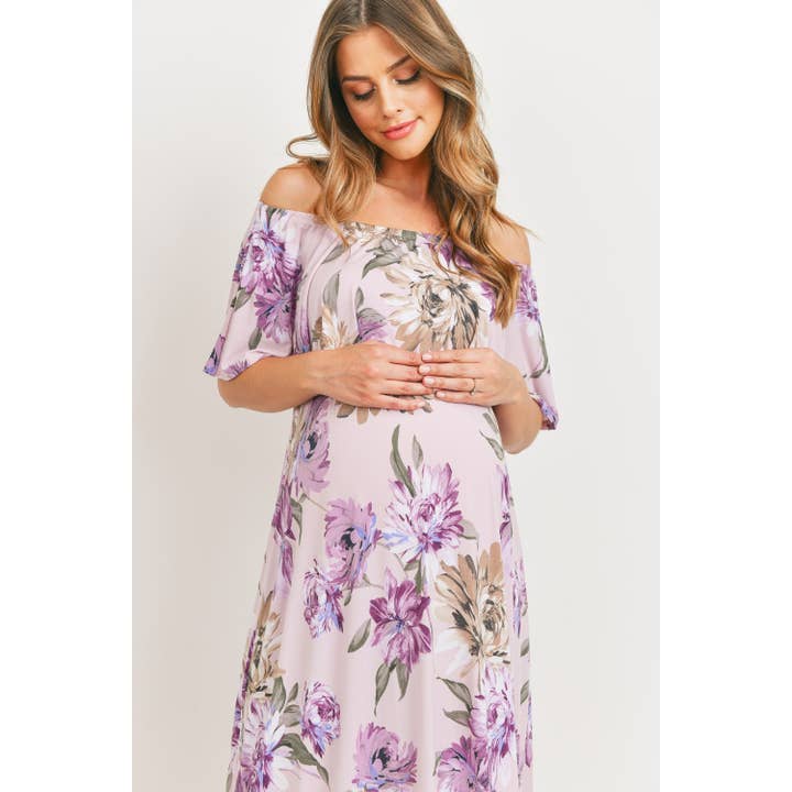 Hello Miz - Wholesale Dress - Maternity - Ruffle Off Shoulder Maternity Floral Maxi Dress