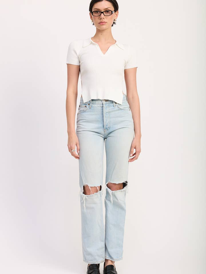 Emory Park - Wholesale Knit Top - Women's - COLLARED SHORT SLEEVE TOP WITH OPEN BACK