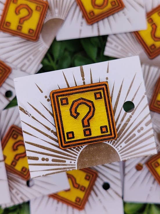 Question Mark Box Mario Bros Pin Mystery Box ? Box Power Up Wood Pin Laser Cut Hand Painted Mario Video Games Fun Vintage Accessorize Jacket for wholesale by Greyrose Co