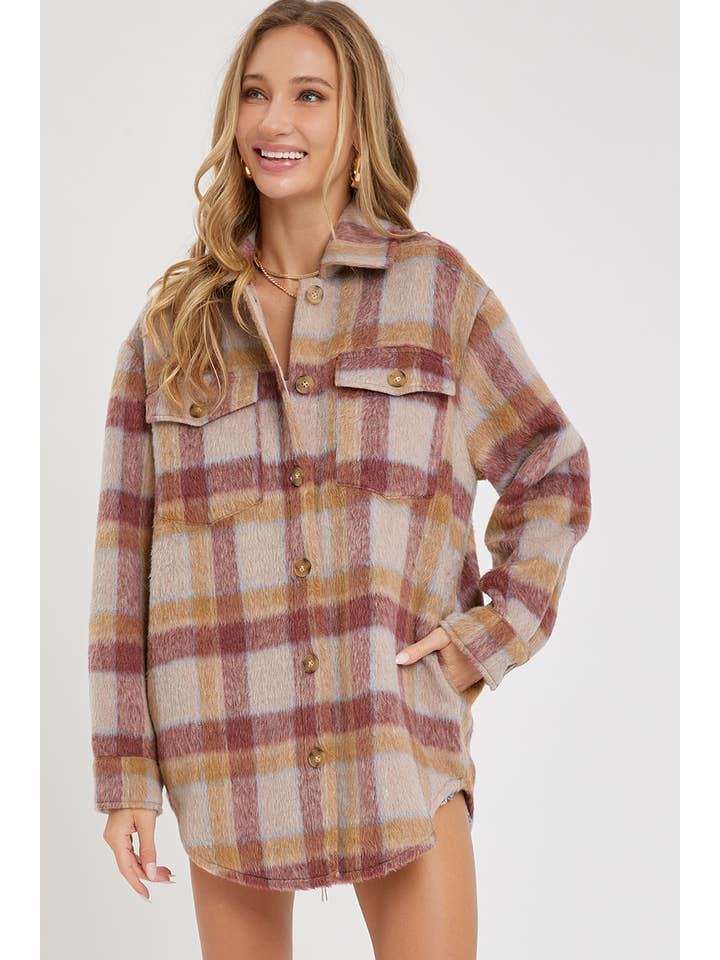 MAUVE BURGUNDY OUTERWEAR CLASSIC PLAID SHACKET/JACKET for wholesale on Faire4