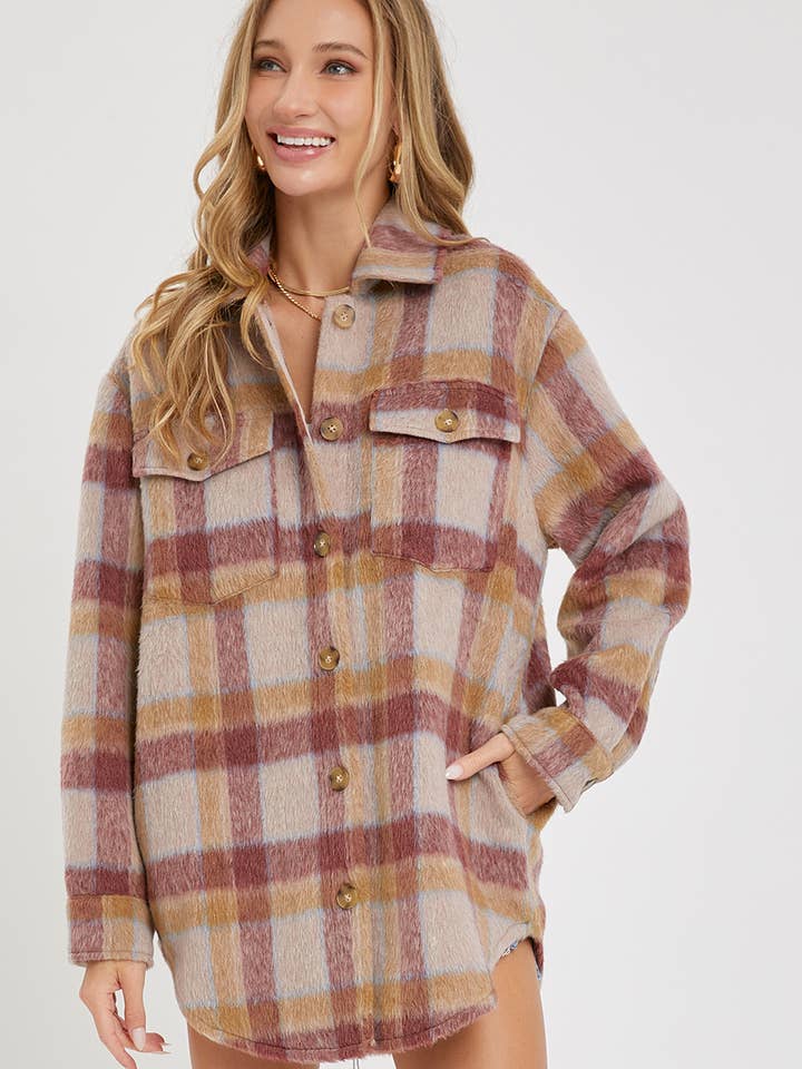 MAUVE BURGUNDY FLANNEL FOREVER CLASSIC SHACKET for wholesale on Faire