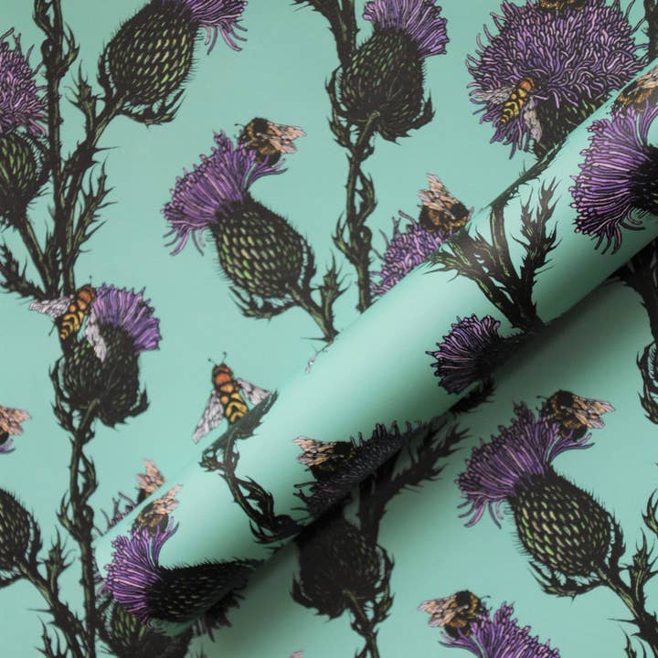 Rachel Meehan, pictures and words... - Venta al por mayor Sobre de papel de regalo - Papel de regalo con diseño de cardo escocés y abejas en verde azulado2