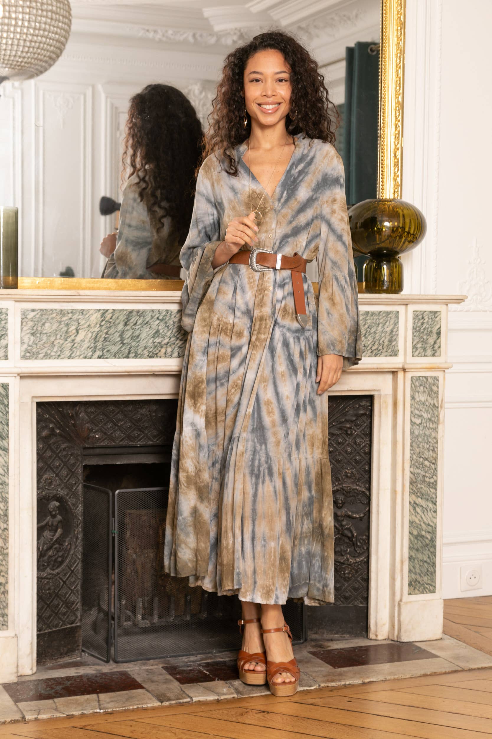 Grey Washed style tie and dye dress, V neckline, flared cut. for wholesale on Faire