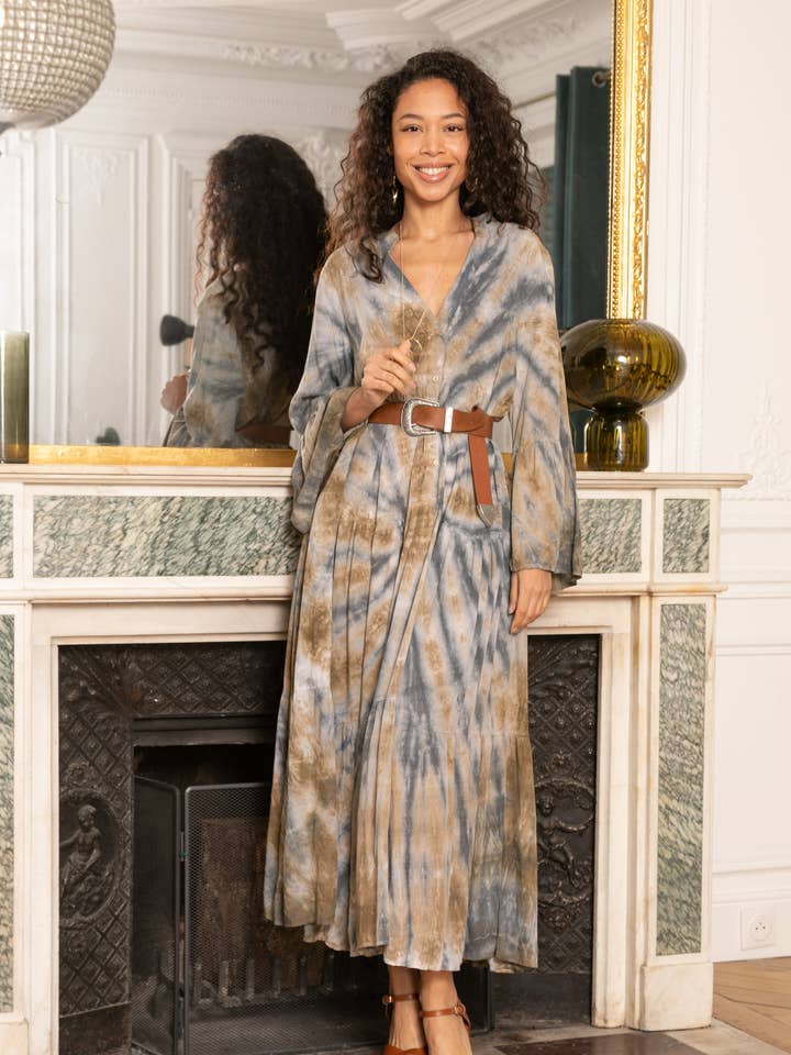 Grey Washed style tie and dye dress, V neckline, flared cut. for wholesale on Faire0