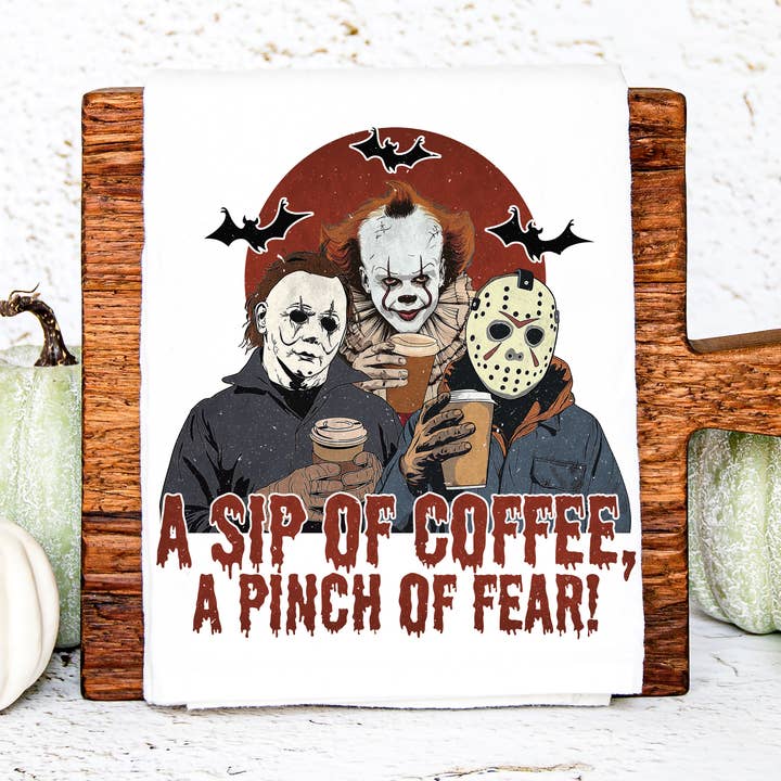 Halloween A Sip of Coffee a Pinch of Fear Kitchen Towel for wholesale by Love You a Latte Shop