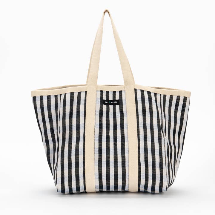 Black/White Striped Recycled Plastic Shopper Bag for wholesale by Raf & Grace