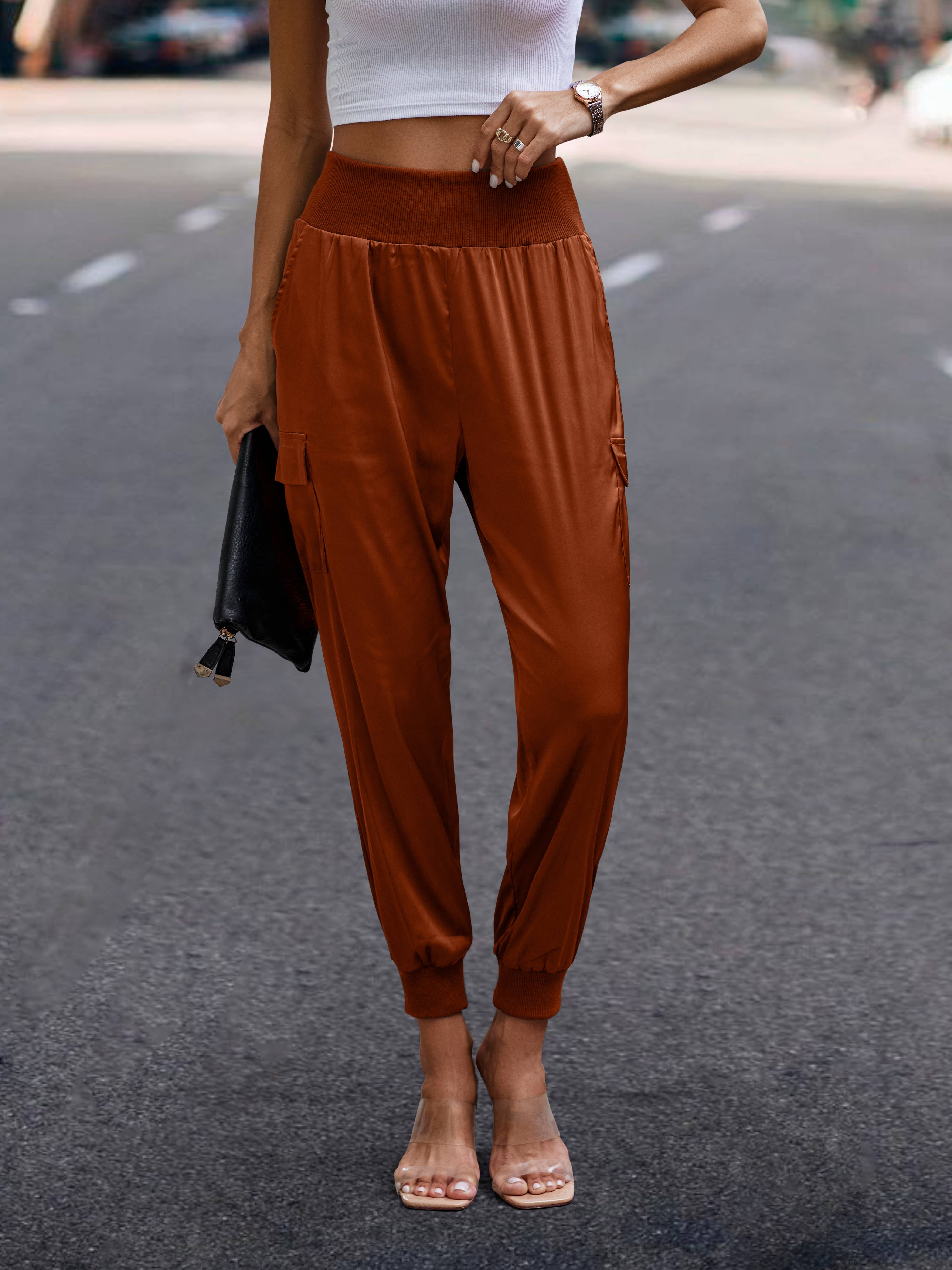 eLook - Wholesale Lounge Sweatpants/Joggers - Women's - SZ1-P0012 Satin Cargo Jogger with Ribbed Waist1