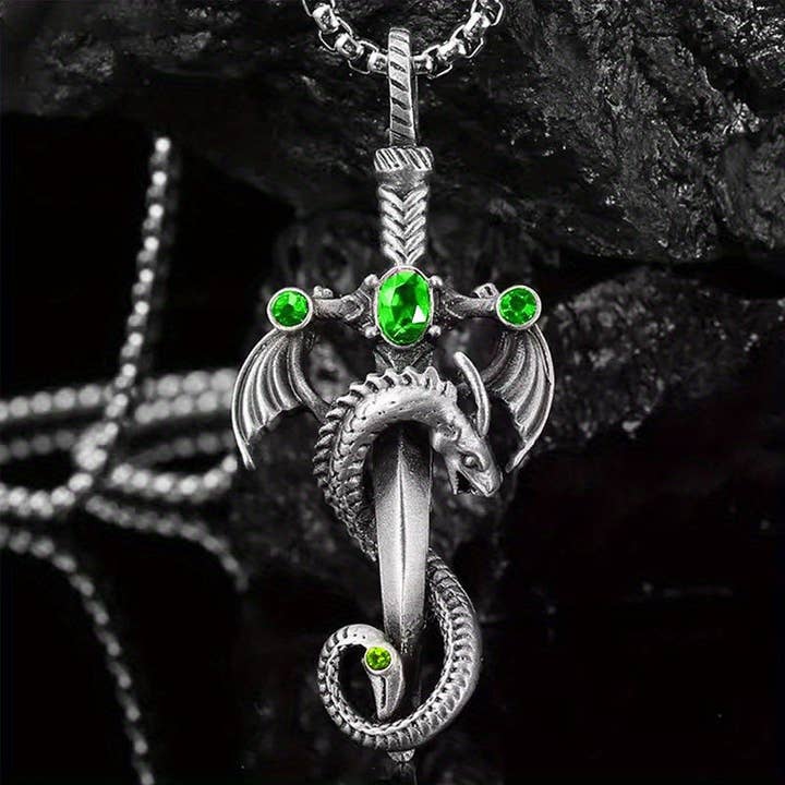 SALINA TRADING INC - Wholesale Pendant/Charm Necklace - Retro Multi-Color Gem Dragon Sword Stainless Steel Chain Necklace for Men6