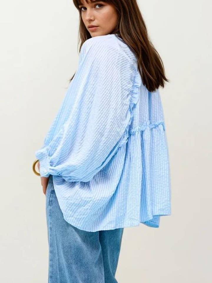Balloon-Sleeve Striped Blouse in baby Blue for wholesale by Q2—All Orders:Free Duties for the US,UK,and Canada