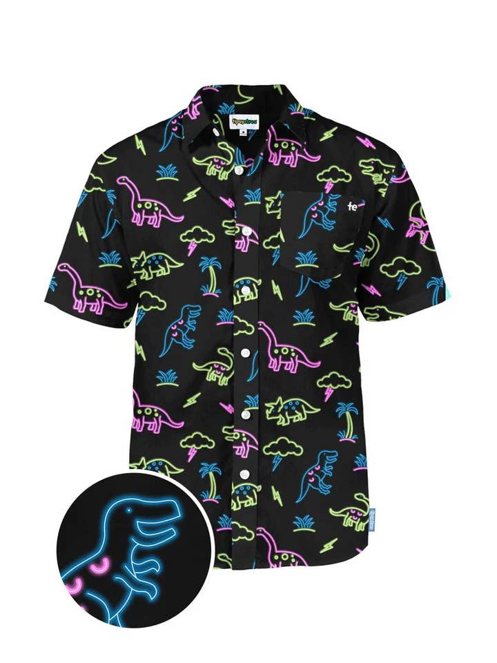 Chemise hawaïenne dinosaure néon - Chemise décontractée amusante pour homme pour la vente par Tipsy Elves