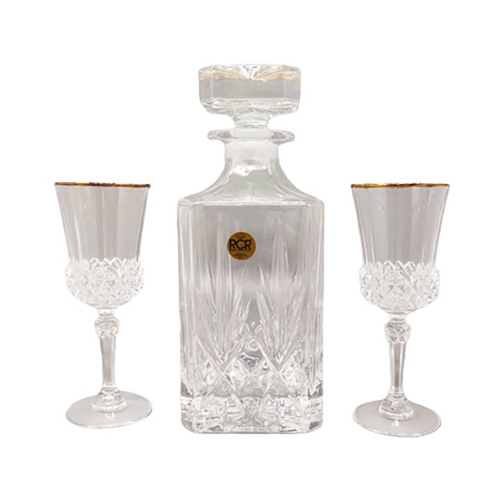 Caraffa in cristallo con 2 bicchieri in cristallo degli anni '70 di RCR per la vendita all'ingrosso da parte di MadInteriorArt