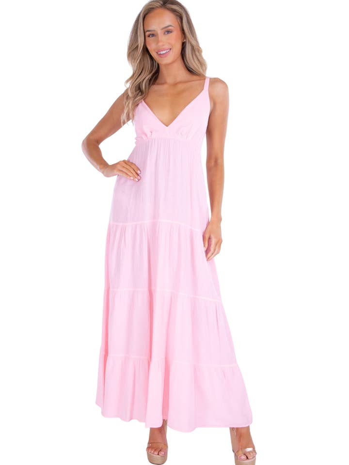 Tiered V-Neck Flowy Cotton Maxi Dress - Baby Pink for wholesale by Seaspice Resort Wear