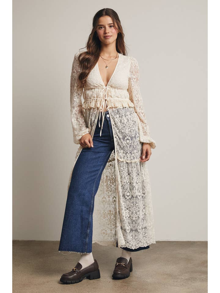 Forte - Wholesale Kimono - Women's - Lace Ruffle Maxi Duster FJ00036