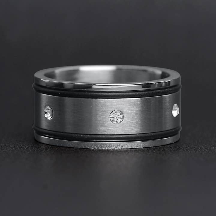 WJW – wholesale Band/stacked ring – CZ Stones With Rubber Accents Highly Polished Stainless Steel Ring3