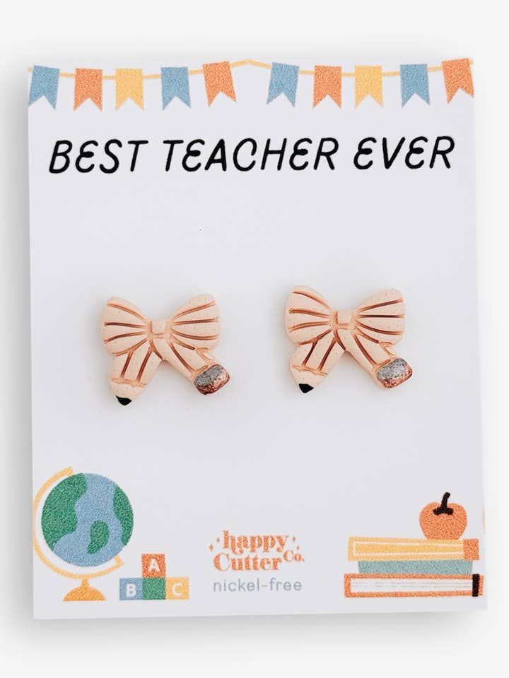 Boucles d'oreilles clous nœud en crayon pastel | Meilleur professeur de tous les temps pour la vente par Happy Cutter Co