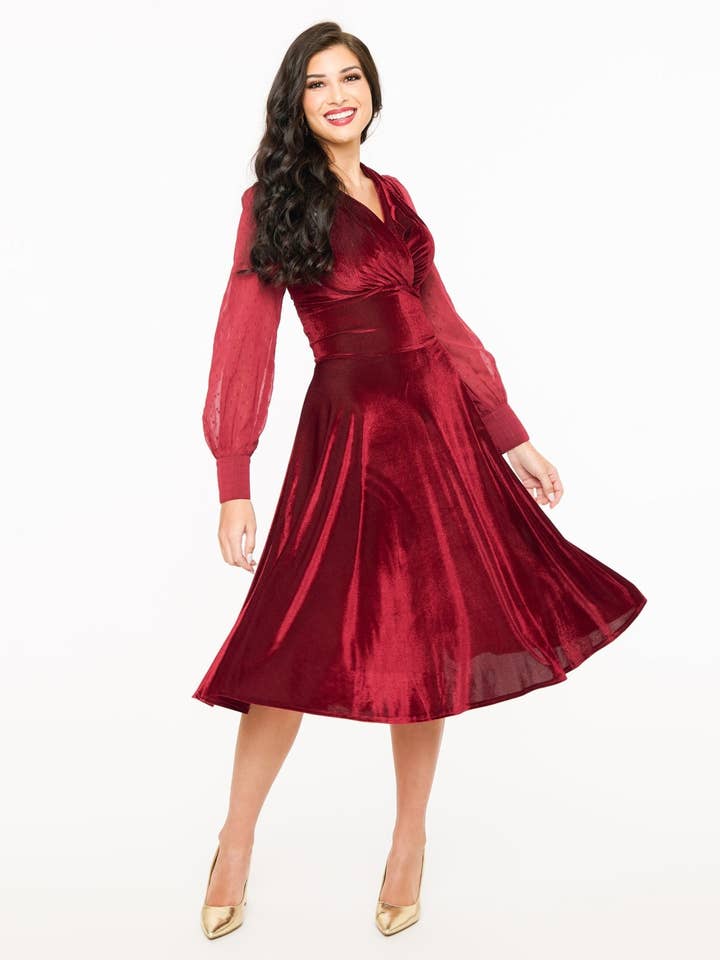 Unique Vintage - Wholesale Dress - Women's - Unique Vintage 1950s Berry Velvet Sheer Sleeve Delores Swing Dress