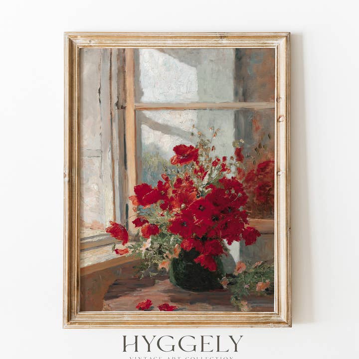 Peinture florale vintage | Vase à fleurs sur rebord de fenêtre Art L194 pour la vente par Hyggely US