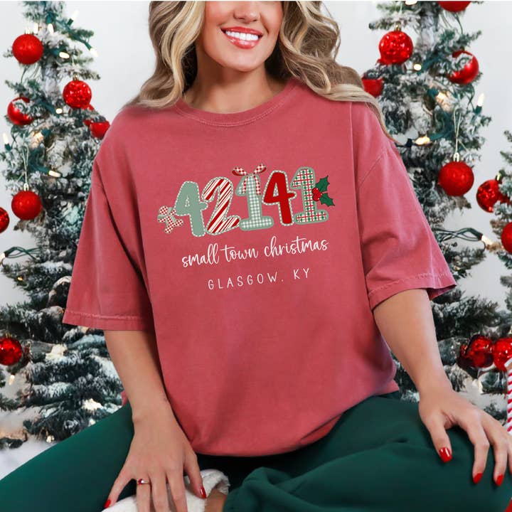 Scripted Pearl - Wholesale Screen Printed T-Shirt - Women's - Custom Zip Code Small Town Christmas Comfort Colors T Shirt12