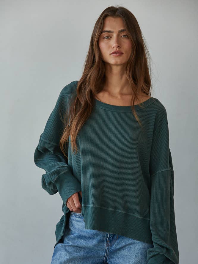 Hunter Green L8734 | Knit Drop Shoulder Long Sleeve Top with Side Slits for wholesale on Faire