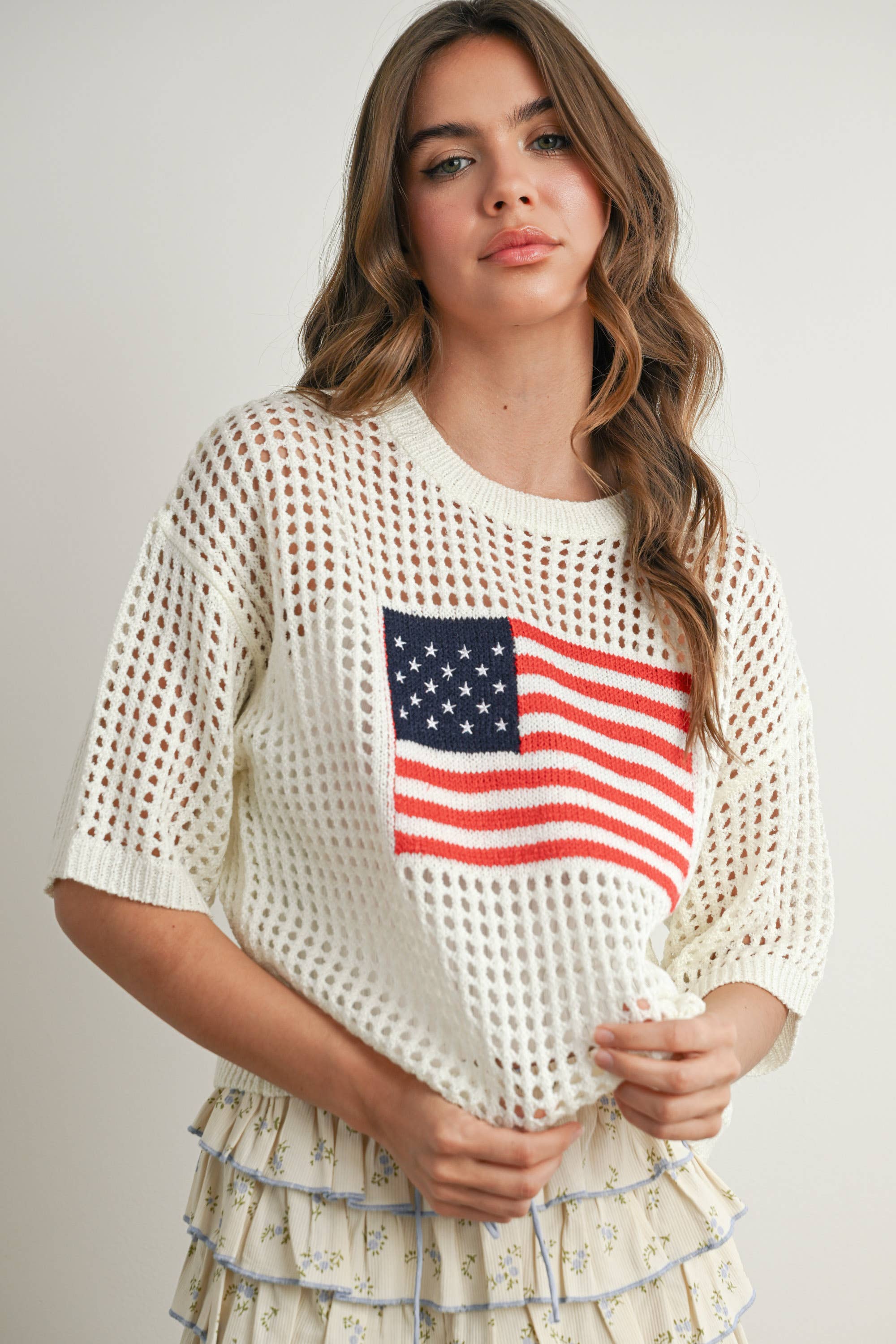 BUTTERMELON - Wholesale Knit Top - Women's - Flag Print Open Knit Crochet Sweater Top - BMW773513