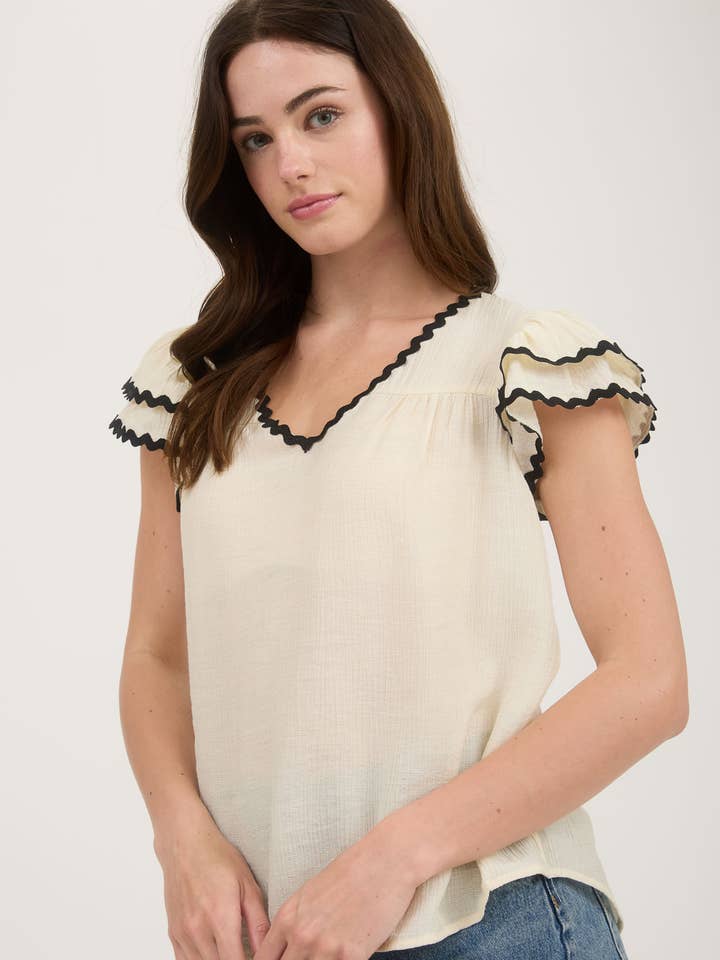 Blu Pepper - Wholesale Blouse - Women's - V NECK WAVY TRIM RUFFLE SLEEVE TOP