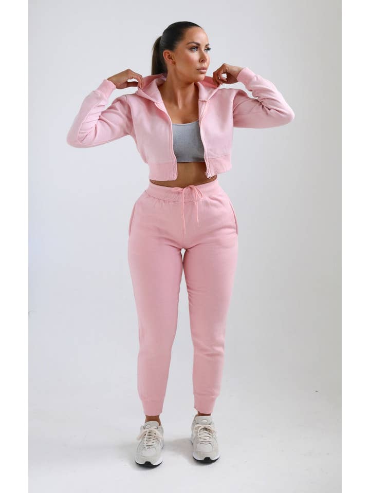 Femme Luxe – wholesale Lounge set – Women's – Pink Zip Up Crop Hoodie & Joggers Loungewear Set - Nell