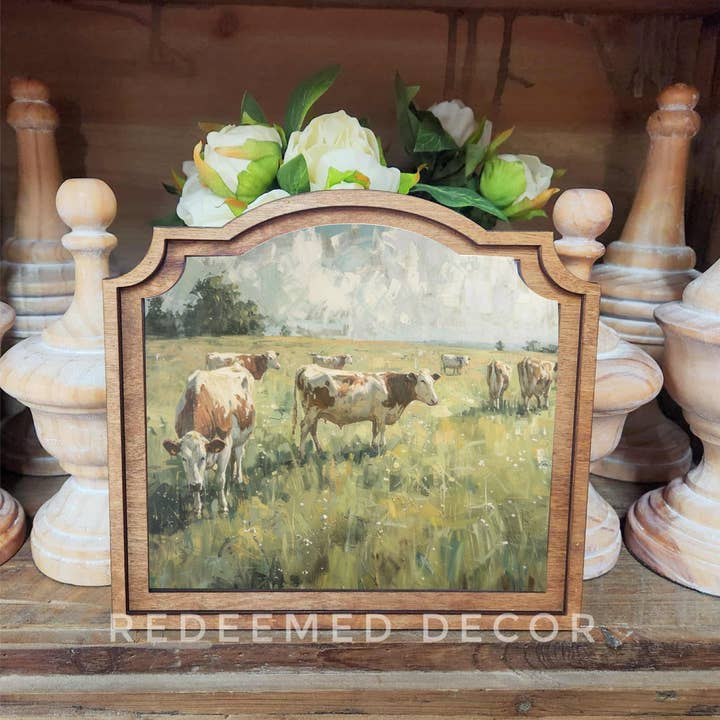Redeemed Decor - Wholesale Decorative Tabletop Object - Provincial Spring Cows Framed Art