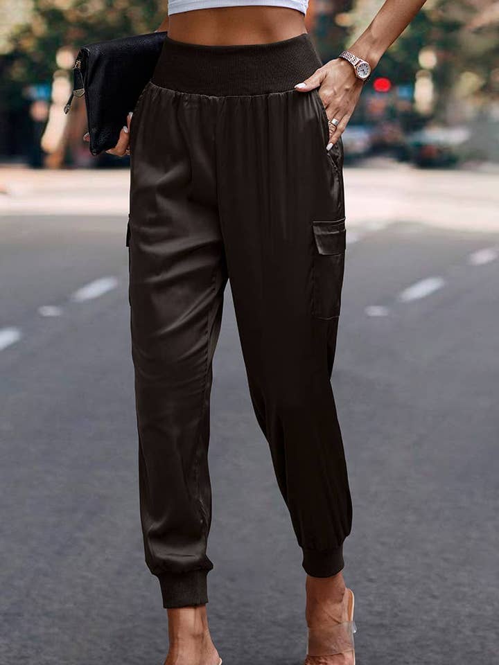 Elings - Wholesale Pants - Women's - High Waist Long Pant Trousers With Pocket Satin Jogger Pants20