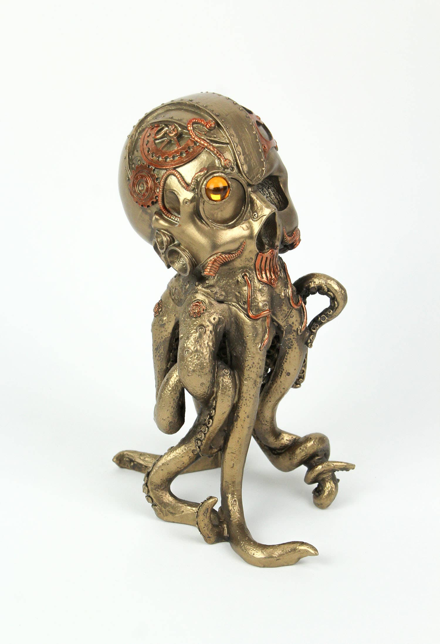Zeckos - Venta al por mayor Figura decorativa - Estatua de pulpo y cráneo humano steampunk con acabado en bronce y cobre1