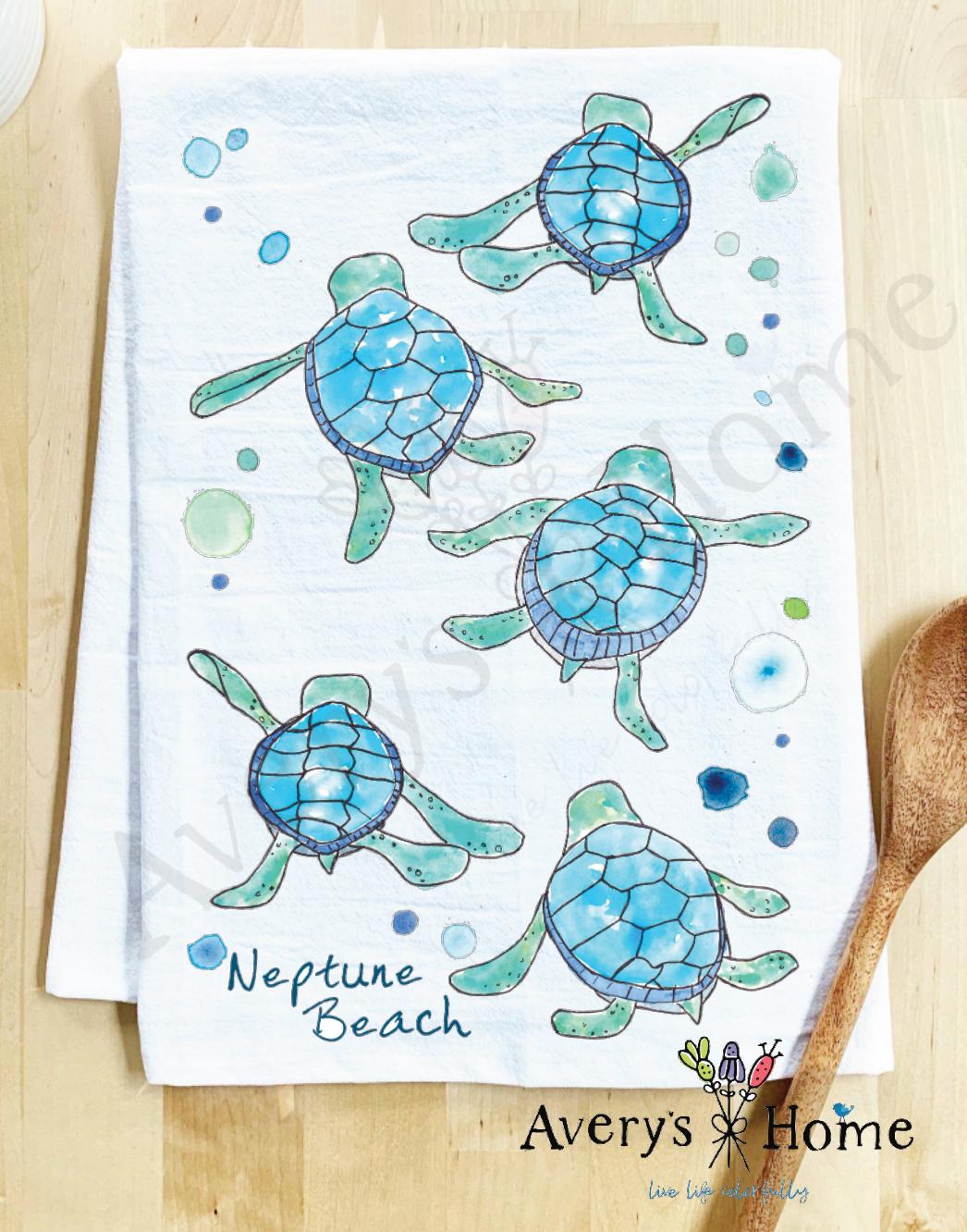 Avery's Home - Vente Torchons - Serviette de cuisine personnalisable avec adorables bébés tortues marchant sur la côte18