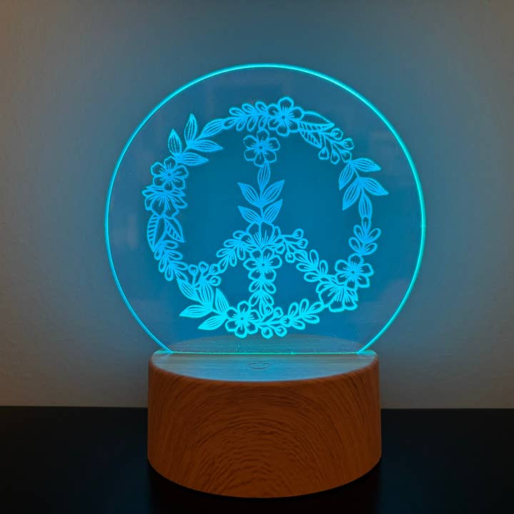 Floral Peace Sign Night Light Acrylic LED w/Remote 16 Colors for wholesale by Minglewood Trading