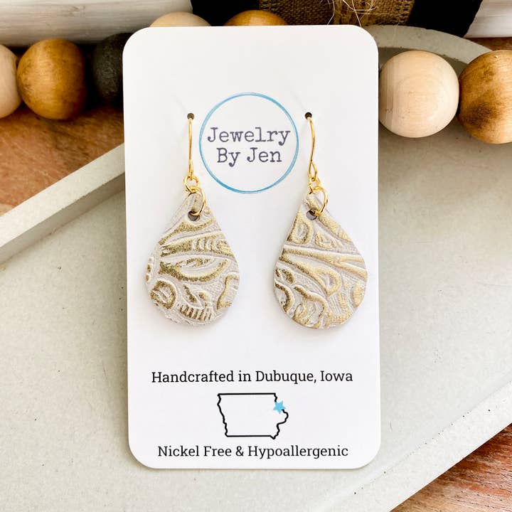 Small Teardrop Earrings: Cream & Platinum Tooled for wholesale by Jewelry By Jen