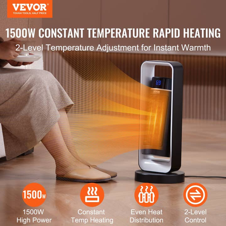VEVOR Elektrische Ruimteverwarmer met Thermostaat Afstandsbediening, 1000W/1500W 2-Niveau Instelbare Stille Keramische Verwarmingsventilator, 20 inch Kantelbeveiliging Oververhittingsbescherming Kleine Verwarmers voor Kantoorruimte Bureau Binnen voor wholesale door Giniverse108